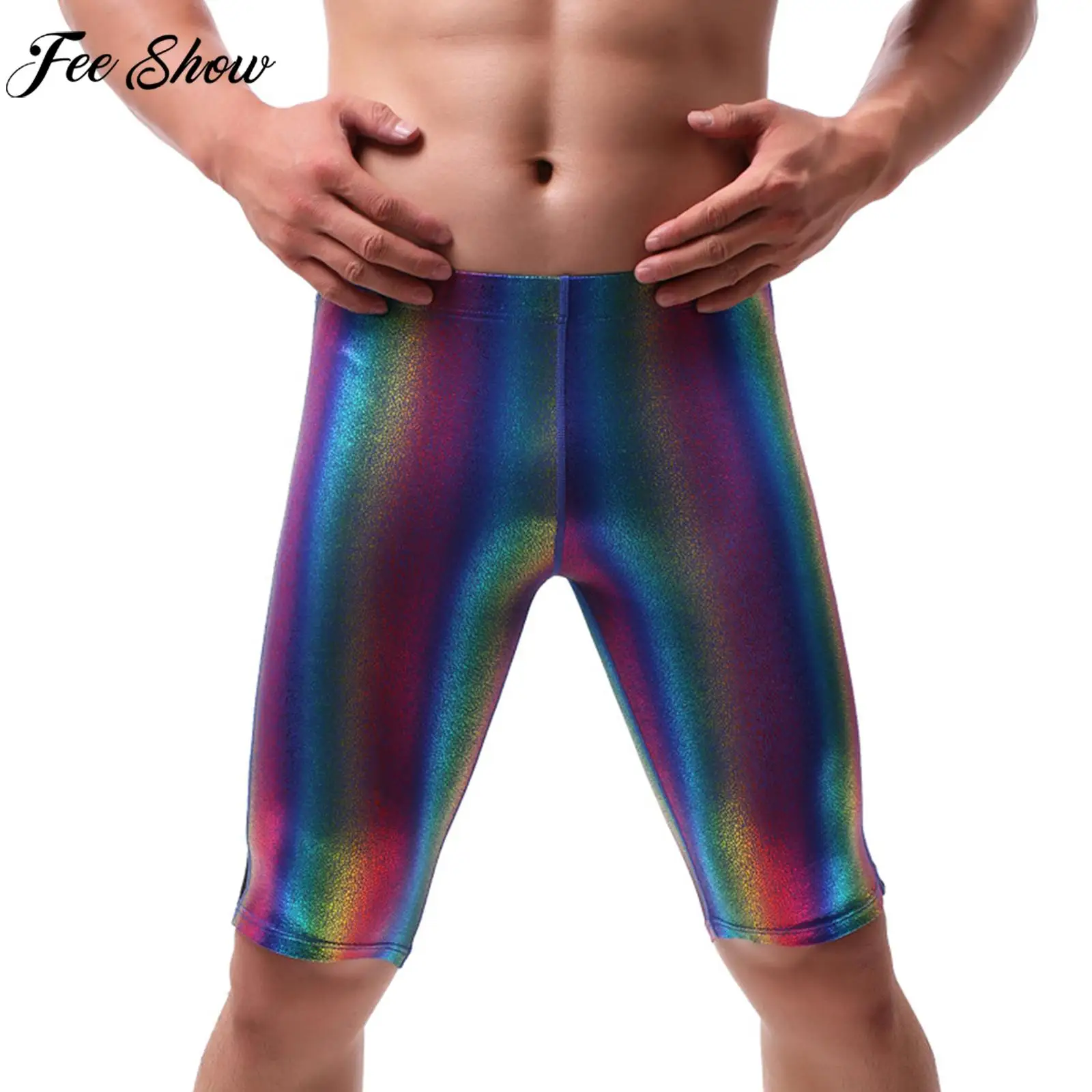 

Mens Colorful Stripe Shorts Breathable Hollow Mesh Leggings Nightclub Rave Party Pole Dancing Performance Hot Pants Clubwear