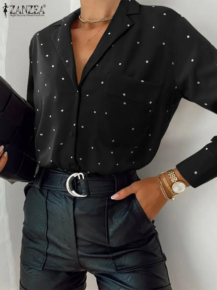 

ZANZEA Stylish Polka Dots Printed Blouse Casual Long Sleeve Lapel Neck Shirts Women Work Office OL Tops Chemise Oversize Blusas