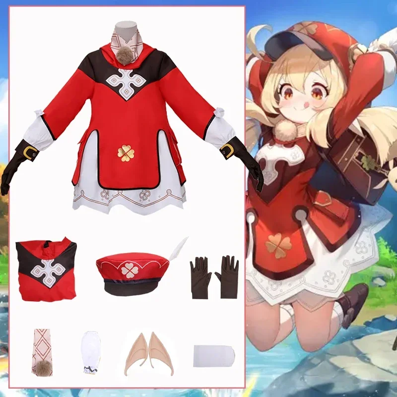 Genshin Impact Klee Косплей Костюм Парик Игра Loli Красное Платье Шорты Шляпа Уши Полный