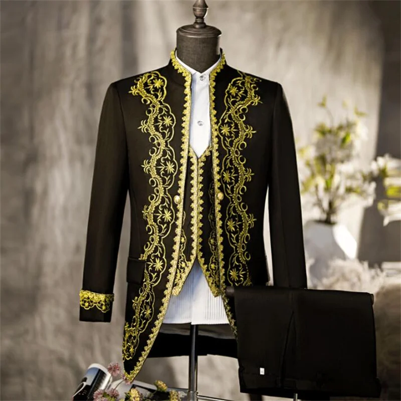 

Suits men's blazers jackets court dress noble medieval retro male prince stage drama costume homme European-style black white
