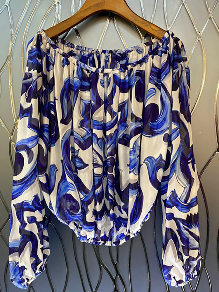 

Delocah высокое качество, летние женские модные дизайнерские Рубашки, Топы с длинными рукавами, синие и белые фарфоровые пуловеры, блузки