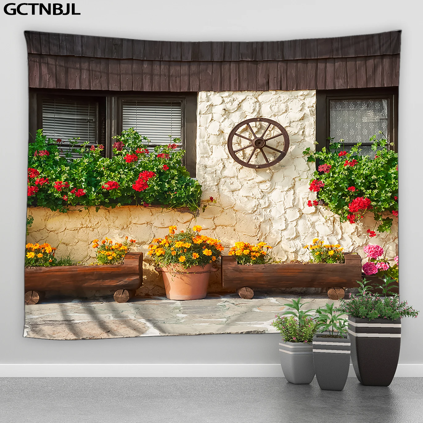 

European Tapestry Old Wooden Door Stone Wall House Construction Italy Retro Style Fabric Polyester Wall Tapestry Home Decor