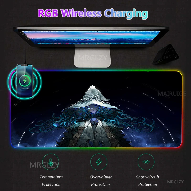 

Elden RGB Wireless Charging LED Mouse Pad Ranni MousePad Anime Table Mat Ring Melina Backlit Gaming Accessories Playmats Carpets