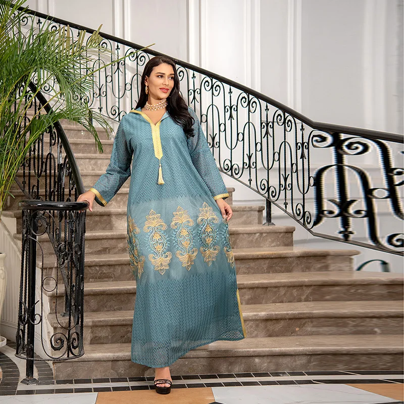 Robe Femme Musulmane Middle East Eid Al-Adha Gold Embroidered Hooded Gauze Saudi Arabia Dubai Robe Abayas For Women Vestidos