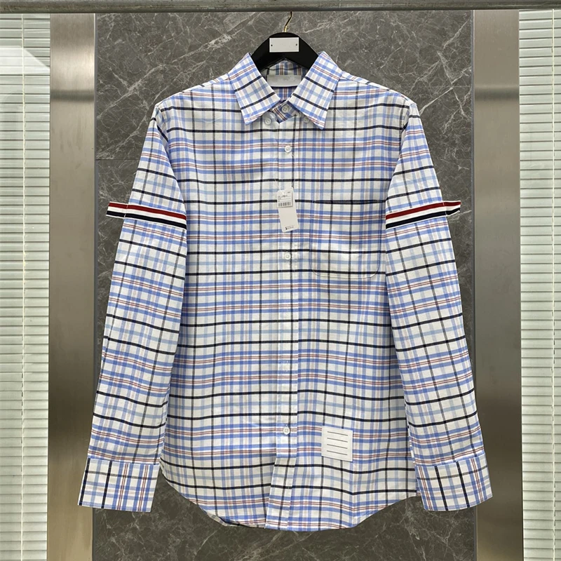 TB Flannel Plaid Shirts Fashion Male New High Quality Streetwear Casual High Quality Male Retro Long Sleeve Blouses Oxford Cloth