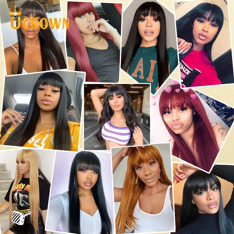 Парик прямой бургундского цвета Ucrown Hair 99j с прямыми челками, полностью машинной работы с имитацией кожи головы, изготовленный из волос бразильского происхождения для чернокожих женщин.