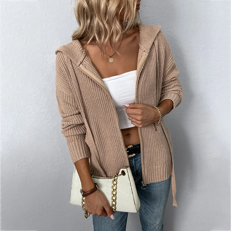 

Women's Solid Casual Hooded Sweater Autumn/Winter New Drawstring Pocket Loose Knitwear Zipper Cardigan Coat S-XL