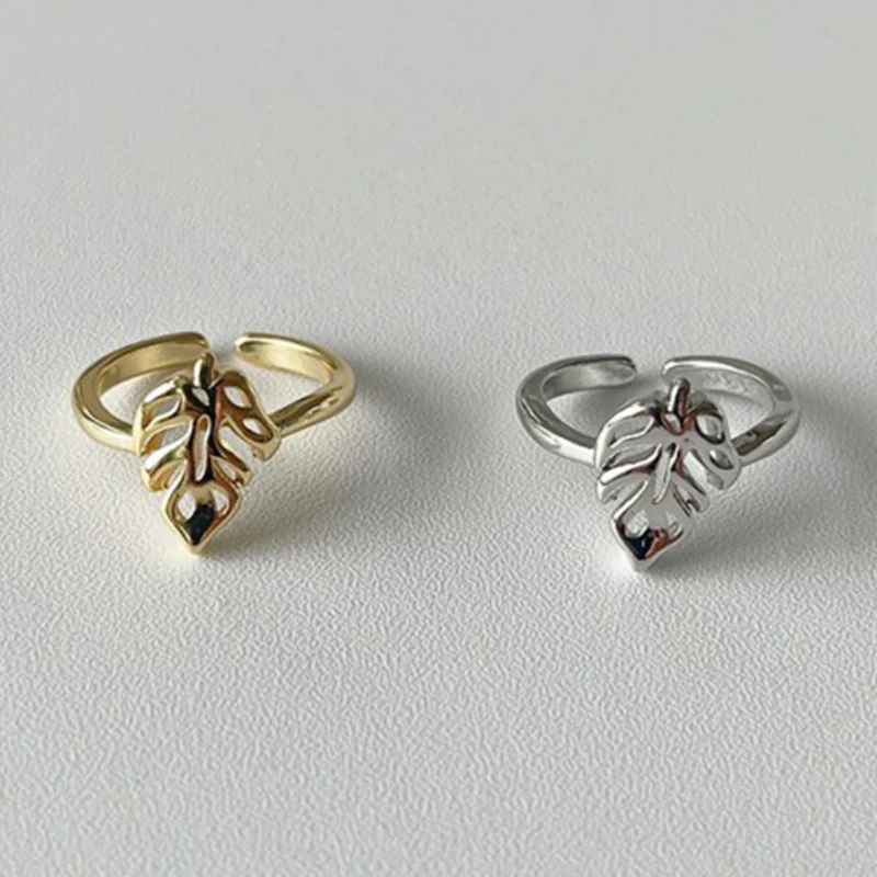 

925 Sterling Silver Rings Hollow Leaf Shape Gold Color Distressed Opening Handmade Simple Ring Fashion Fine Jewelry Accessories