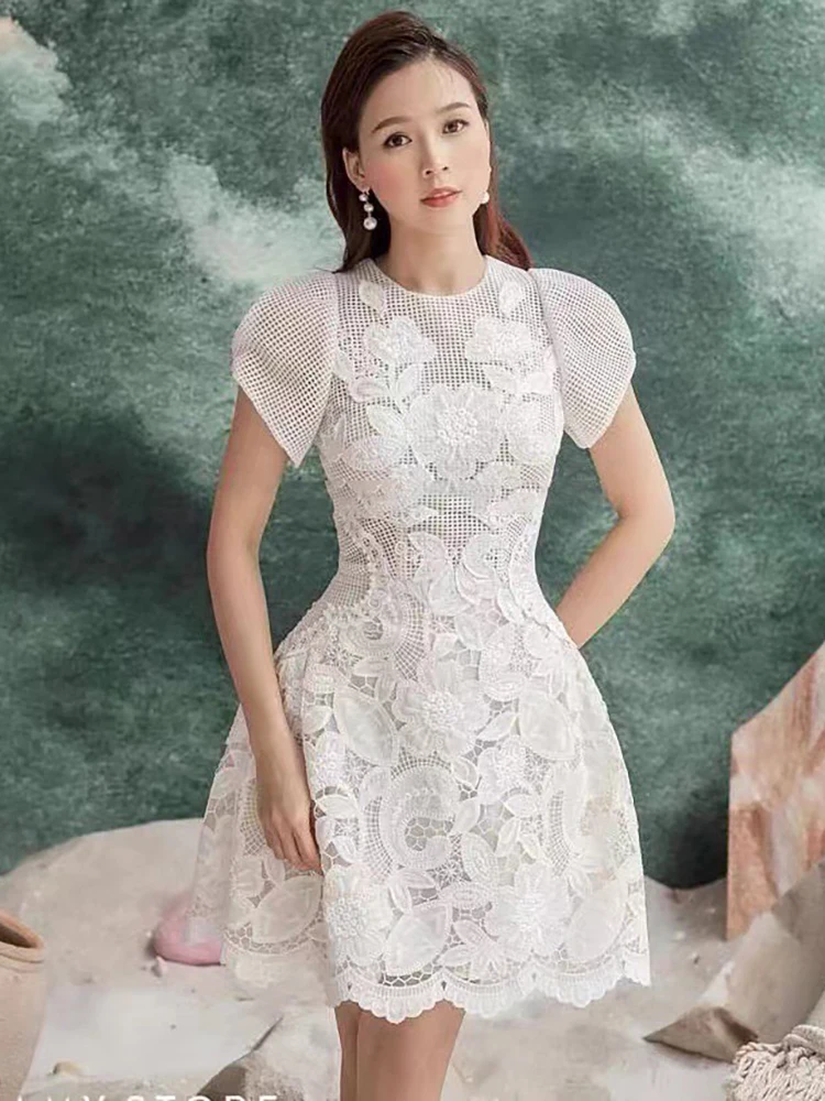 Delocah High Quality Summer Women Fashion Runway Cotton Dress Short Sleeve Hollow Out Lace Embroidery Elegant White Mini Dresses
