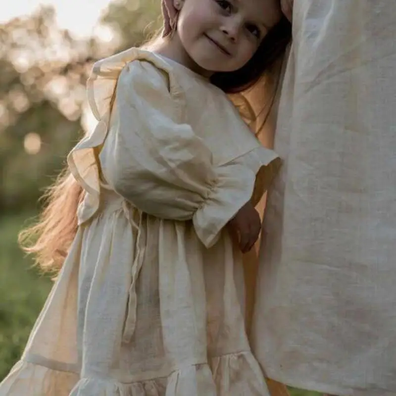 

2023 Ins Autumn Clothes Children Solid Simple Ruffle Casual Party Cotton Linen Dress Girl Baby Fashion Retro Long Sleeve Dresses