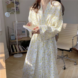 Japanese Kimono Cotton Robes for Women Floral Print Shower Spa Sleepwear Bathrobe Long Sleeve Sleepw