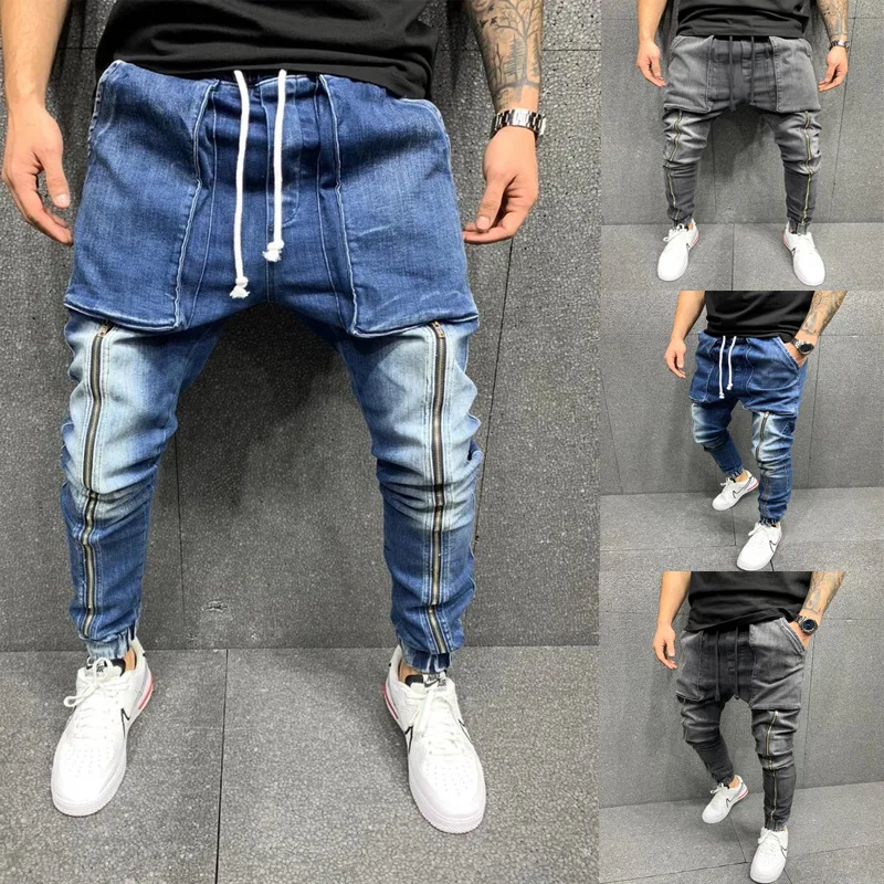 Men Stretch Jeans Fashion Zipper Slim Fit Denim Motorcycle Big Pocket Elastic Jeans Casual Punk High Quality Jean