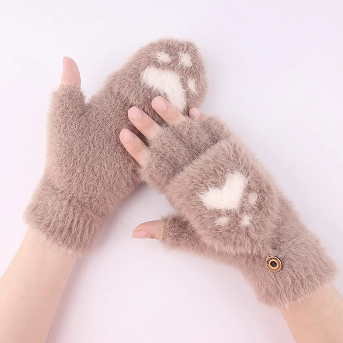 Cartoon Cat Paw Gloves Fingerless Flip Mittens Winter Warm Fleece Touch Screen Gloves Flip Knit Mittens for Women Girls images - 6