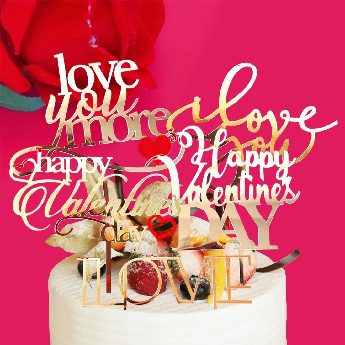 

Happy Valentine's Day Cake Topper Acrylic Love Heart Gold Wedding Cake Topper For Valentine Anniversary Party Cake Decorations
