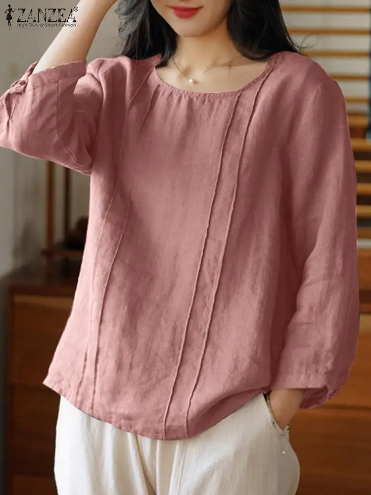 

Autumn Vintage Tunic Tops ZANZEA Women O Neck 3/4 Sleeve Solid Cotton Blouse Casual Loose Party Shirt Female Party Blusas Mujer