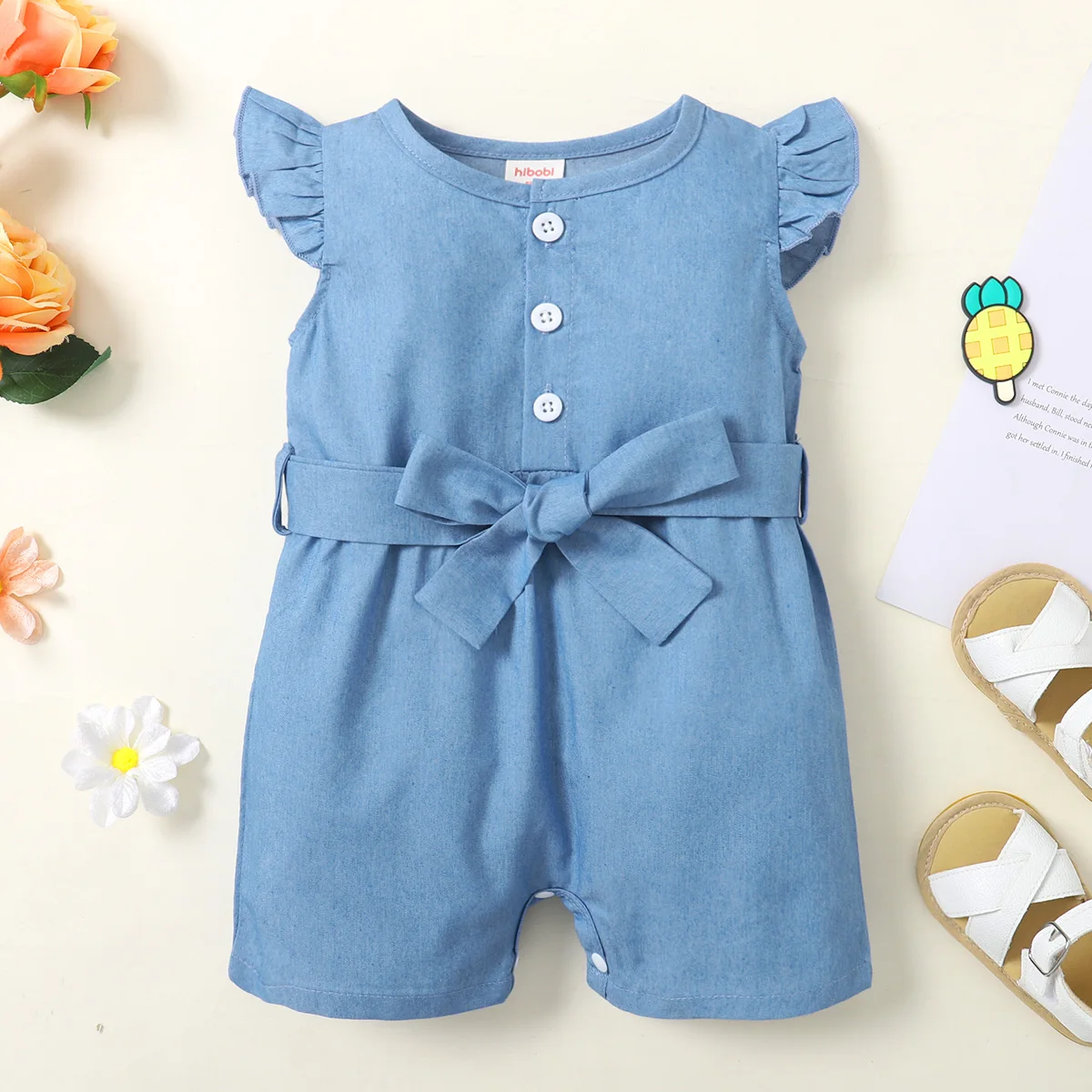 

Hibobi Baby Girl Casual Solid Ruffle Denim Bodysuit