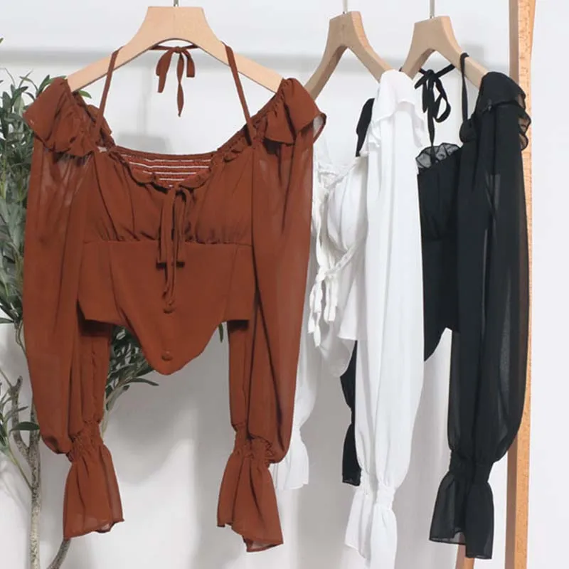 

New Summer Fashion Ruffled Blouse Sexy Flare Sleeve Halter Backless Chiffon Shirt Women Elastic Waist Slim Ladies Crop Top 27722