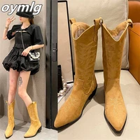western boots womens thick heel pointed toe 2022 autumn new four seasons boots v mouth embroidered mid boots retro cowboy boots
