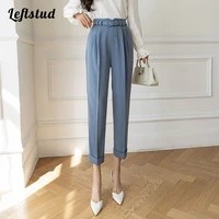 blue solid office lady straight wide leg womens pants 2022 korean fashion high waist ankle length pants for women with belt
