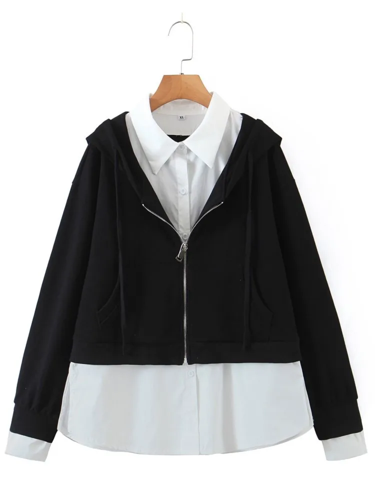 

Plus Size Hoodies Women's Clothing 2022 Spring Fashion Quality Splice Shirt Fake Two Piece Hooded Sweatshirts