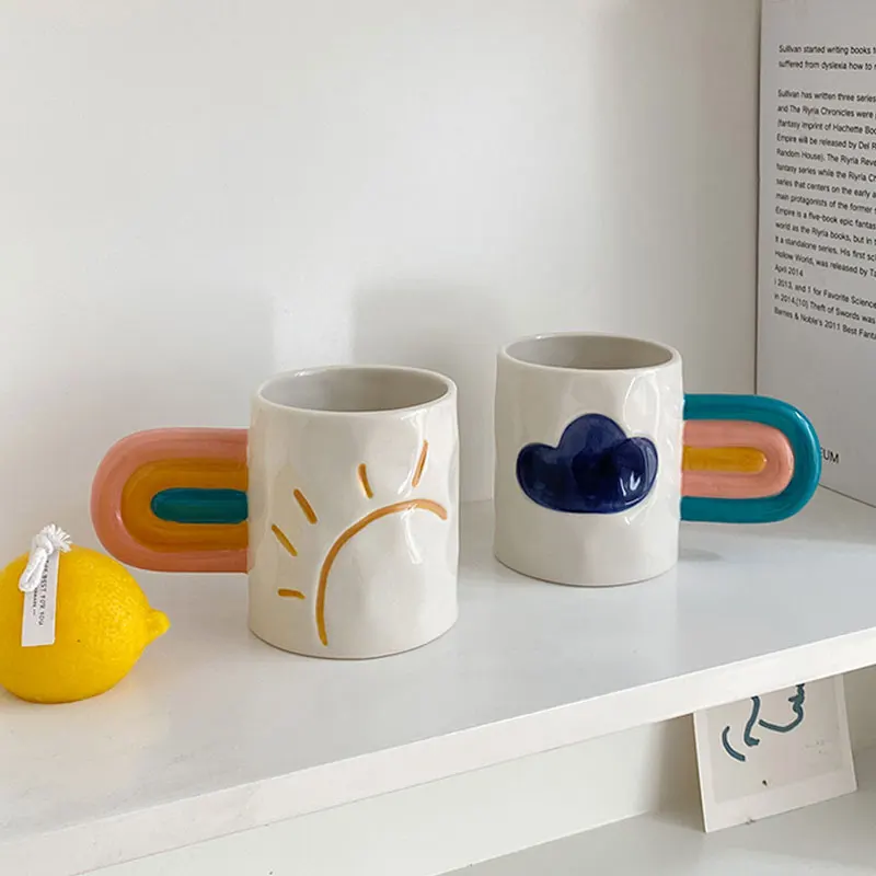 

Hand-painted rainbow handle cup ceramic Sun Cloud coffee cup personalized milk mug for her couple's birthday