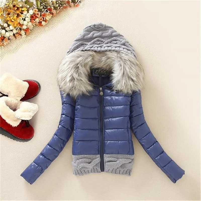 Women Alternative Thickening Down Jacket with Fur Collar Quality Jackets Winter Knitted Patchwork Long Sleeve Overcoat Hooded