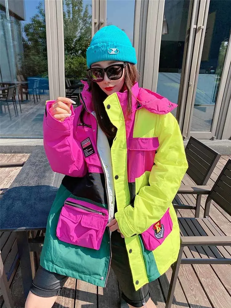 

Streetwear 2022 Winter New Down Coat Women Fashion Color Matching Hooded Casual Clothes Parkas Female Outwear