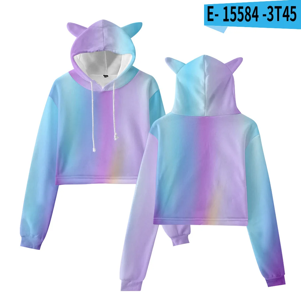 

Women's Clothing Gradient Color Printing Girl Spring/Autumn Navel-baring Cat Ear Hooded Sweatshirt Suitable for Height 110-160CM