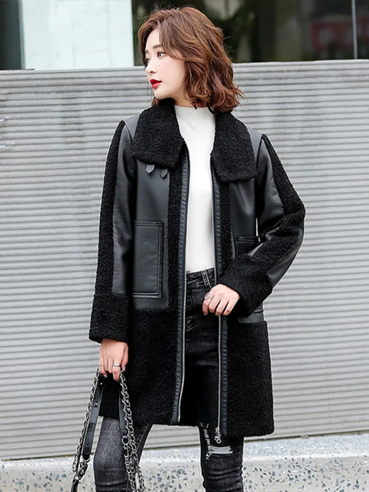 Women Sheepskin Coat Autumn Winter Casual Thicken Warm Jacket Double-faced Lamb Wool Splice Coat Loose Split Leather Outerwear