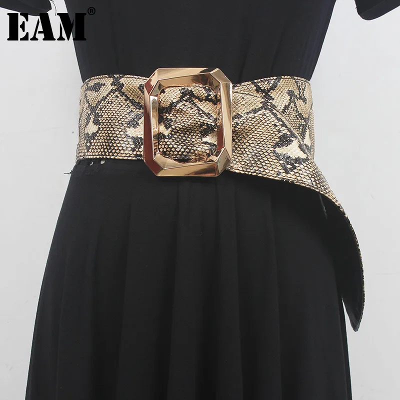 

[EAM] Pu Leather White Pattern Big Buckle Wide Long Belt Personality Women New Fashion Tide All-match Spring Autumn 2023 1DH0010