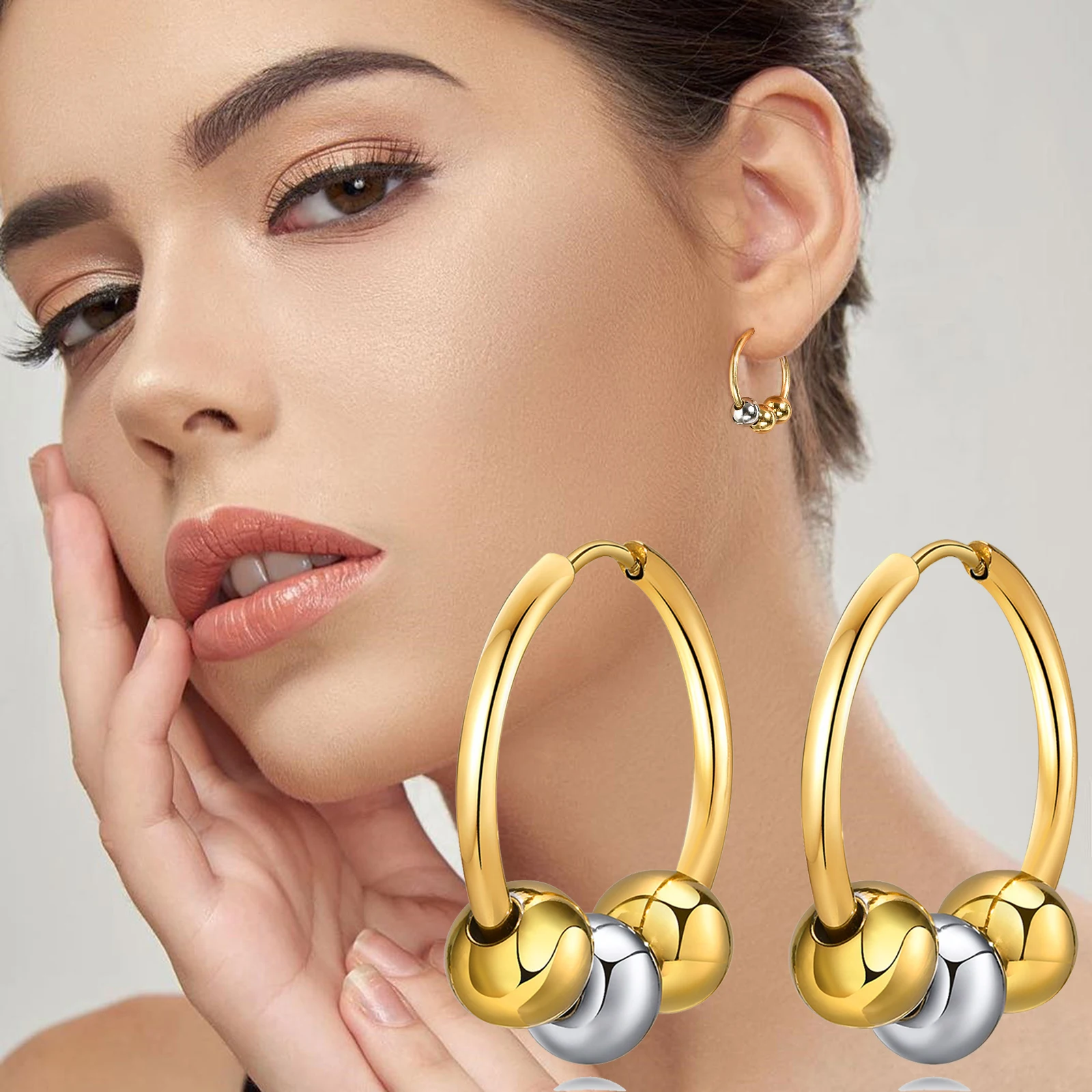 

Женские Двухцветные серьги-кольца из нержавеющей стали, модные круглые серьги с бусинами в стиле бохо, Подарочная бижутерия