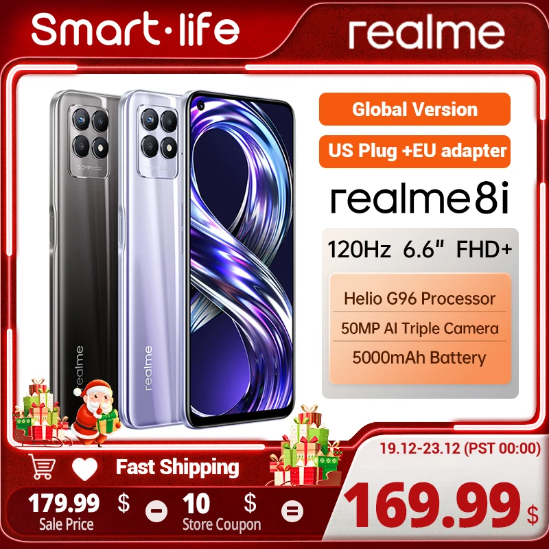 Realme 8i smartphone 6+128GB 120Hz display 50MP AI triple camera 5000mAh battery NFC narzo Phone (US plug+adapter)