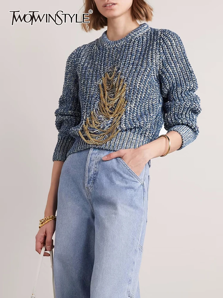 

TWOTWINSTYLE Patchwork Chain Knititng Sweaters For Women Round Neck Long Sleeve Pullover Casual Loose Sweater Female Fashion New