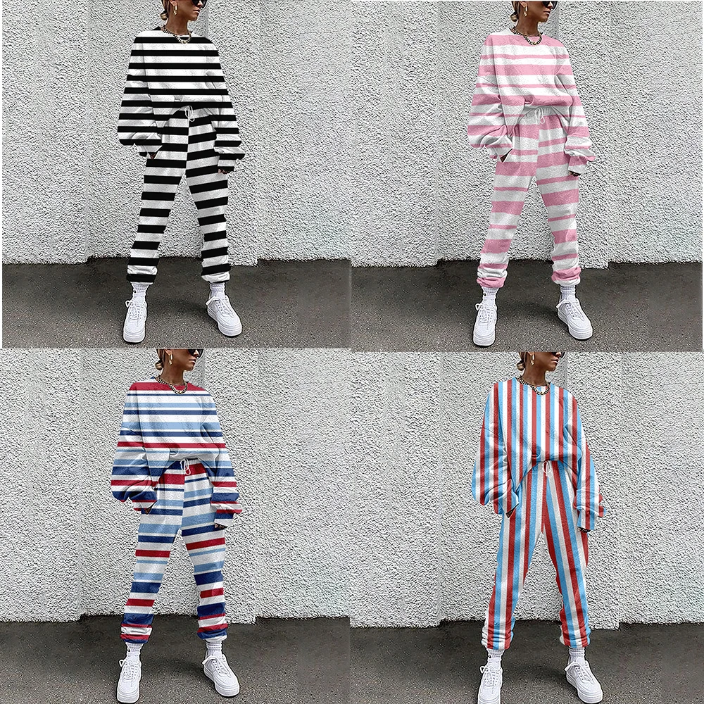 

Women's Sportswear Two-Piece Striped Print Sportswear Casual Sweater + Pants Women's Sportswear