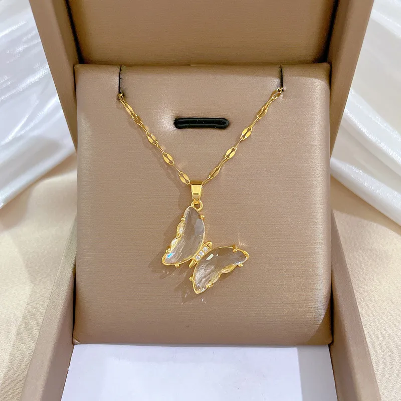 

Transparent Crystal Butterfly Pendant Necklace for Women Fashion Stainless Steel Rhinestone Clavicle Choker Party Jewelry Gifts