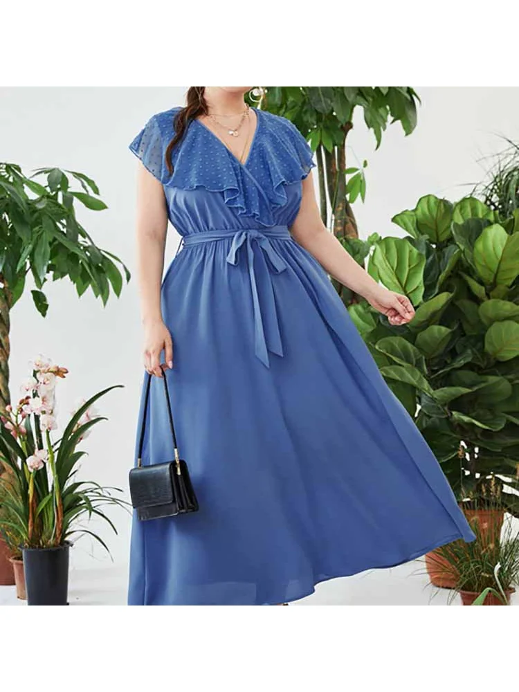Plus-size maxi skirt tummy cover V-neck elasticated waist print dress panels plus size women clothing