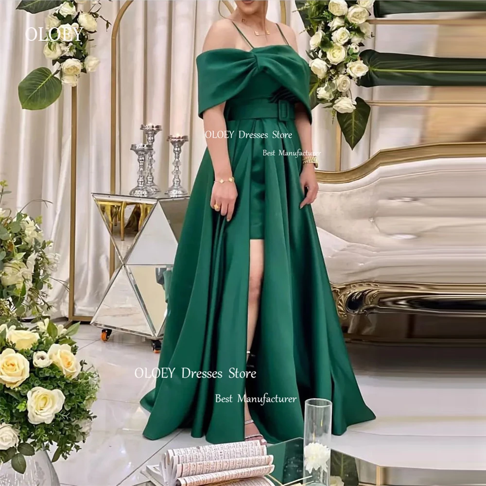 

OLOEY Emerald Green Satin A Line Evening Dresses Off the Shoulder Spaghetti Straps Dubai Arabic Women Formal Party Prom Gowns
