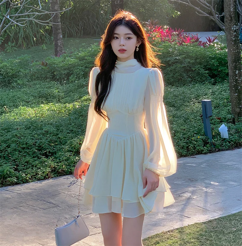 

Chiffon Dress French Premium Long White Dress Women Elegant Bubble Sleeve Slim Ruffle Dress Gentle Fairy Dress Puffy Short Dress