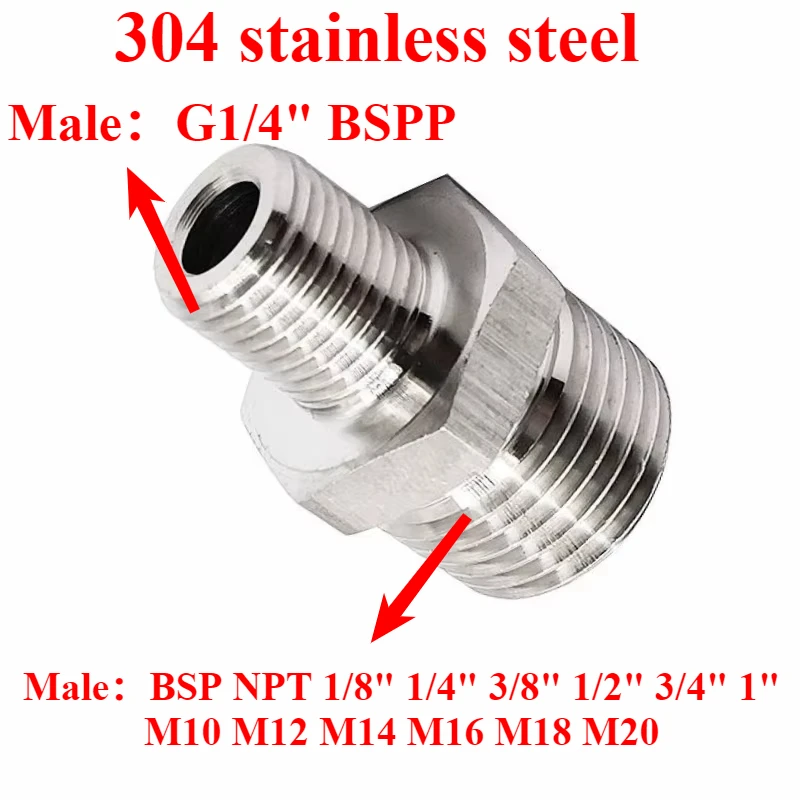 

G1/4 дюйма BSP «папа» на M10 M12-20 1/8 дюйма 1/4 дюйма 3/8 дюйма-1 дюйма BSP NPT шестигранная ниппельная муфта из нержавеющей стали 304, соединительный адаптер для фитинга из нержавеющей стали 304