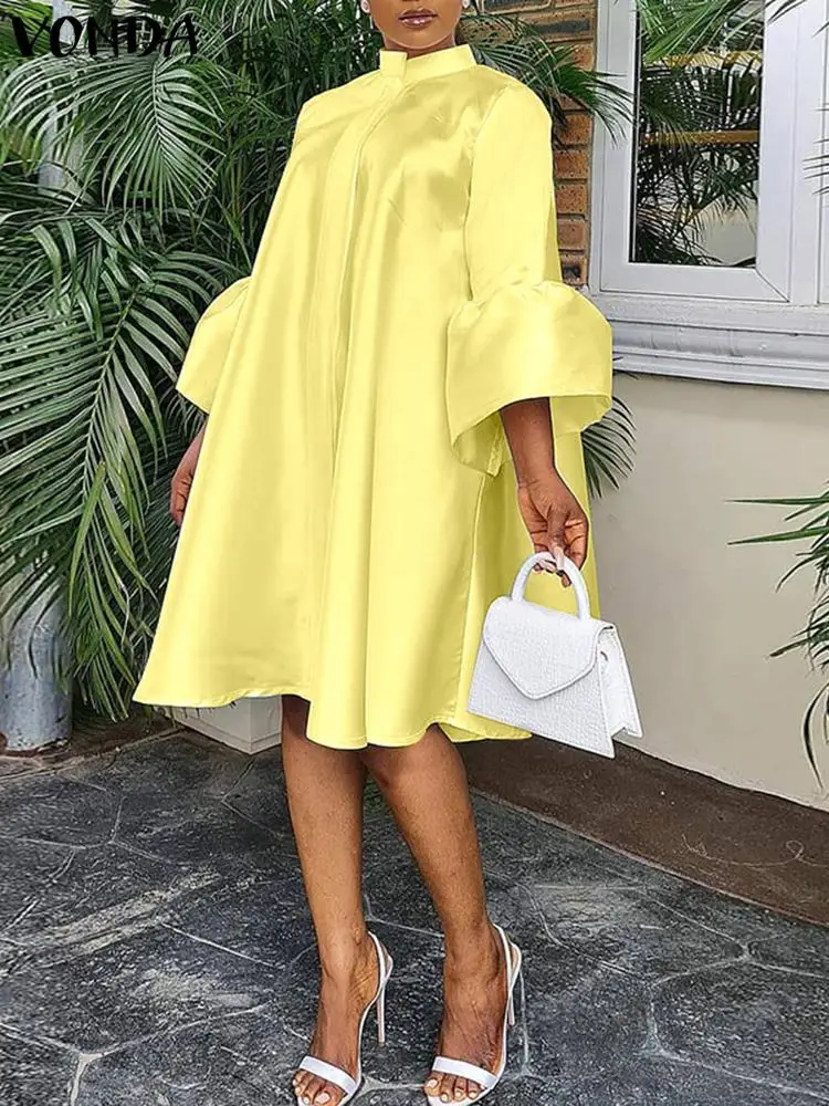 

VONDA 2022 Summer Women Satin Sundress Elegant Flare Sleeve Party Beach Midi Dress Elegant Stand Collar Casual Loose Vestidos