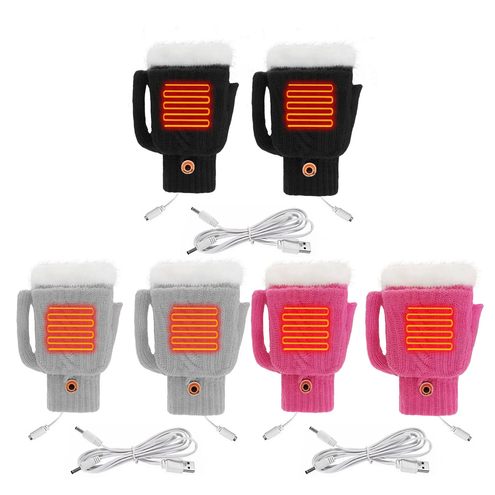 

USB Electric Heated Gloves 2-Side Heating Convertible Fingerless Glove Knitted Mittens Adjustable Heat Waterproof Cycling Skiing