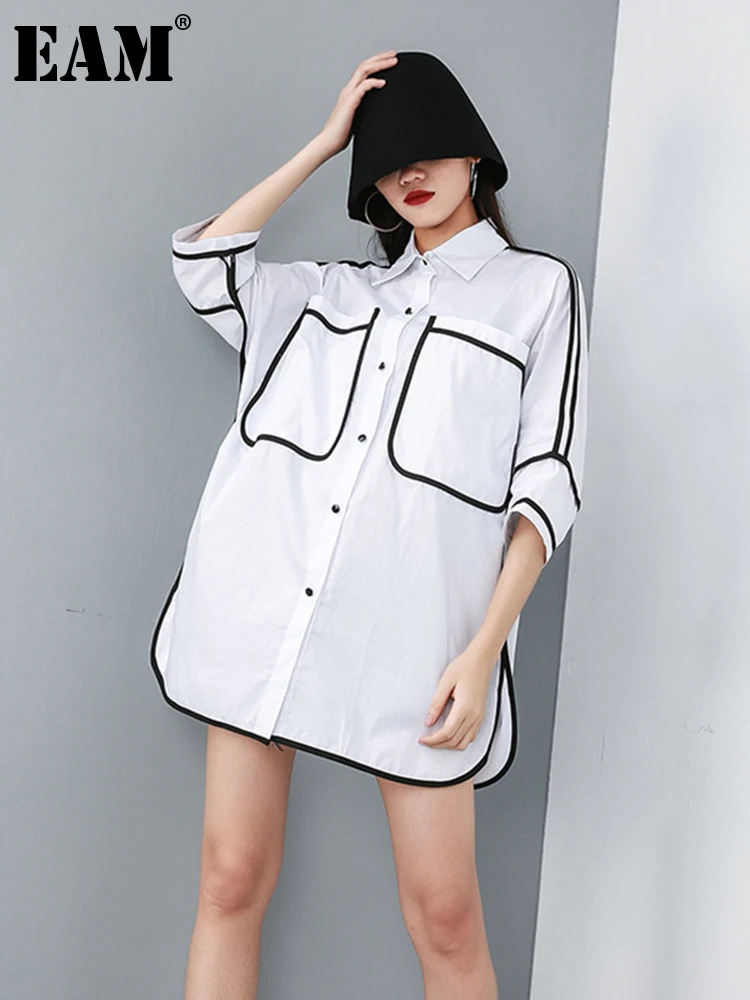 

[EAM] Women White Color-block Big Size Blouse New Lapel Thtee-quater Sleeve Loose Fit Shirt Fashion Spring Summer 2023 1DE6592