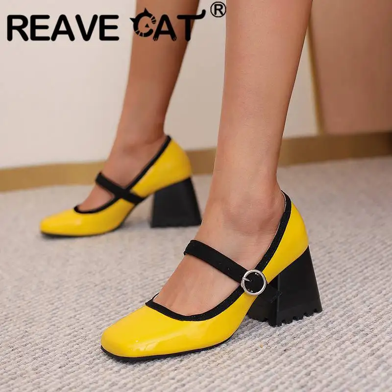 

REAVE CAT Women Pumps Square Toe Block Heels 7cm Buckle Strap Mixed Color Plus Size 46 47 48 Concise Female Daily Shallow Shoes