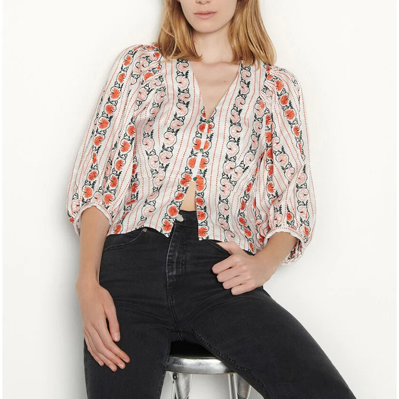 

Spring/Autumn S V-neck Embroidered Single-breasted Long-sleeved Shirt Printed Elegant Retro French Style Blouses Hgh Quality Top