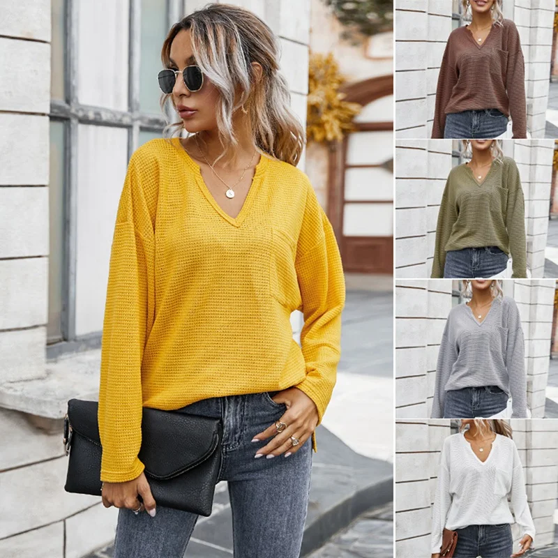 

Женская Однотонная футболка с V-образным вырезом и длинным рукавом