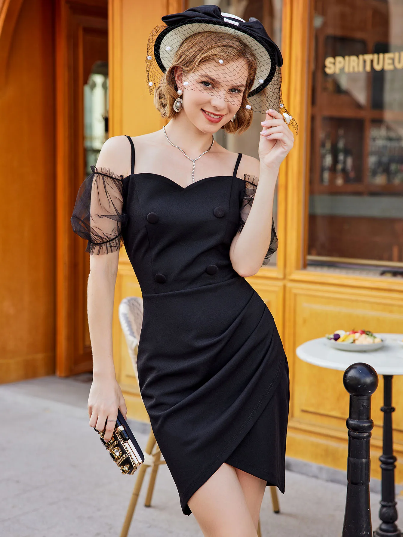

MIUSOL Sheer Mesh Sleeve Wrap Hem Dress 9634
