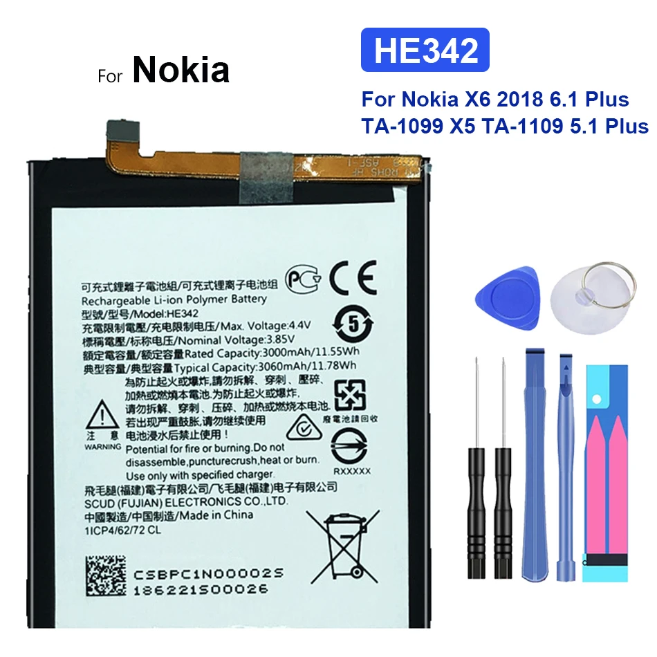 

HE342 HE 342 Battery For Nokia X6 2018 6.1 Plus 6.1Plus TA-1099 X5 TA-1109 5.1 Plus 5.1Plus HE 342 NokiaX6 TA 1099 + Free Tools