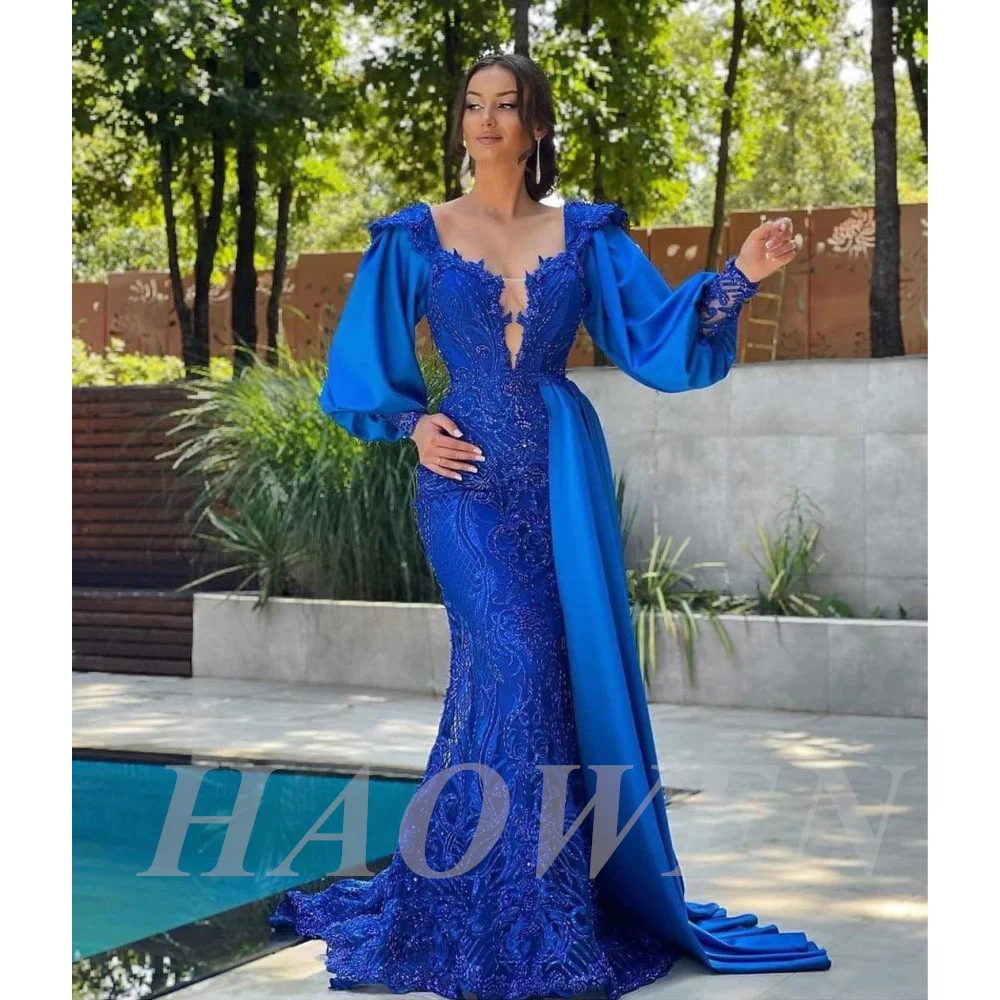 

HAOWEN Mermaid Royal Blue Lace Evening Dresses With Overskirt Satin Puff Long Sleeves Luxury Dubai Arabic Women Prom Dress