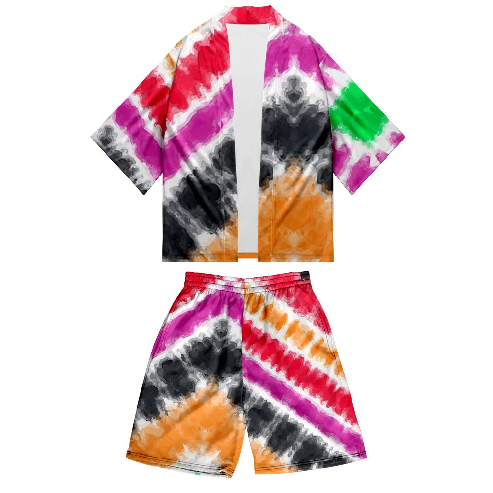 2PCS Men Tie Dye Robe Sets Short Sleeve Kimono&Shorts Pajamas Suit Summer Couple Sleepwear Home Clothes Large Size Nightwear