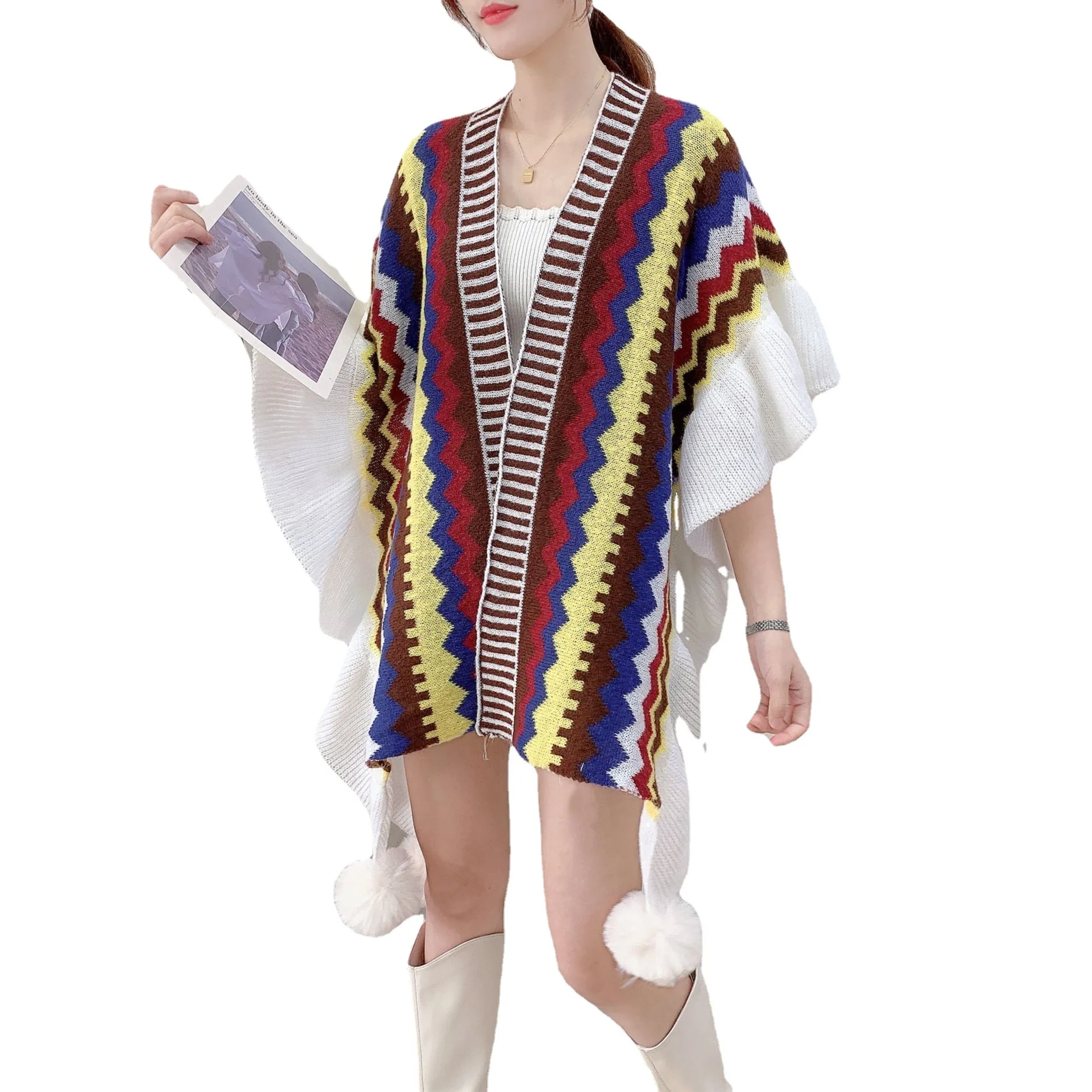 

Capes Cloaks Poncho Type With Split and Sweet Shawl Women Wear Ruffles Spring and Autumn 2023 New Lady Knitted Cape Cardigan P1